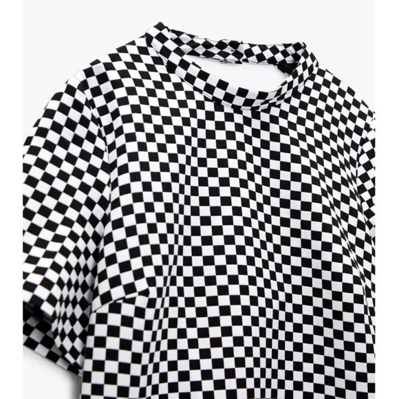 NWT Small ZARA Short Midi Black & White Checkered Dress Mock Collar - Picture 6 of 7